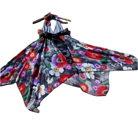 90's Anime Vibrant Poppy Floral Halter Dress Colorful SharkBite Hem Satin Tie - Picture 8 of 8